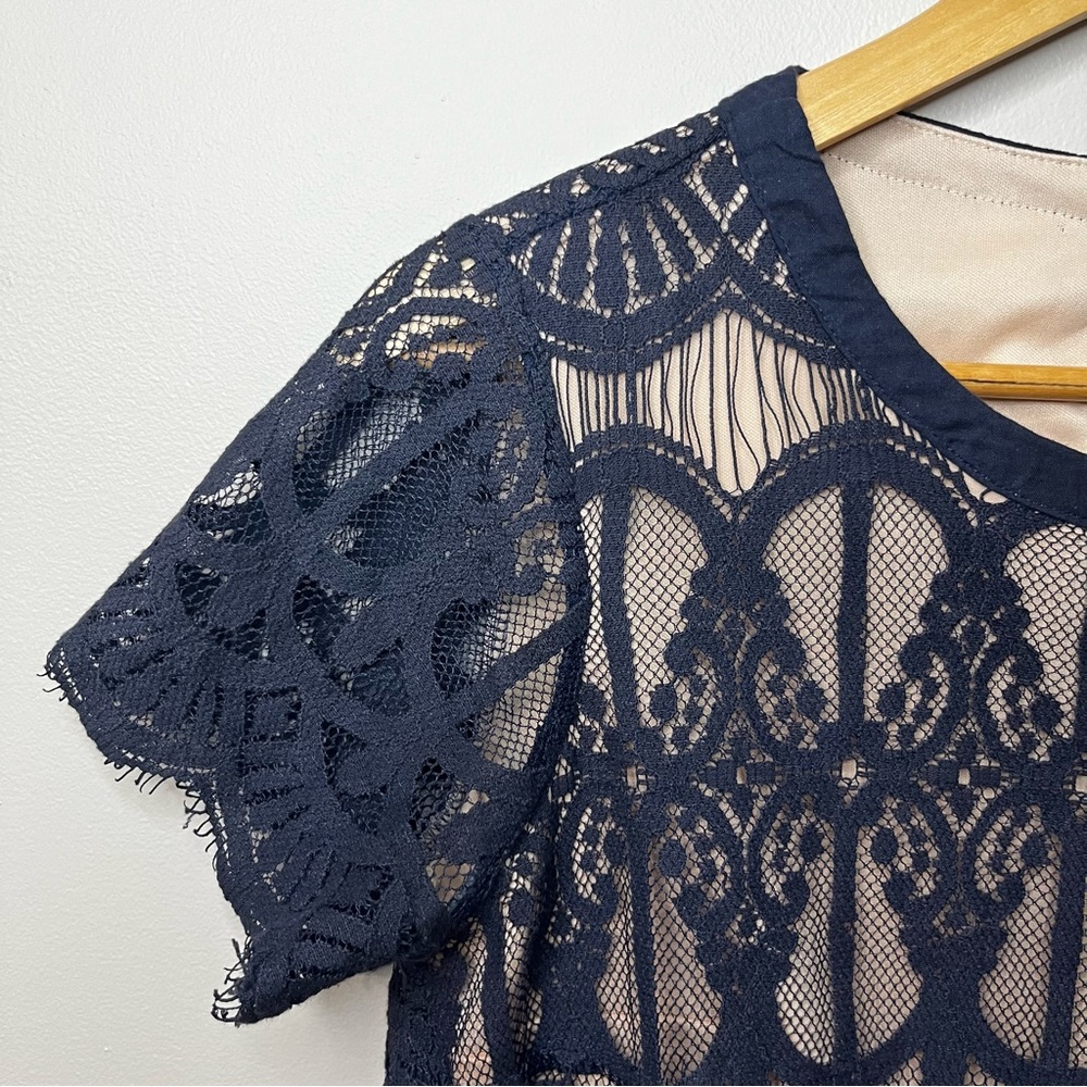 #162 Suzy Shier Navy Blue Lace Top with Tan Underlay